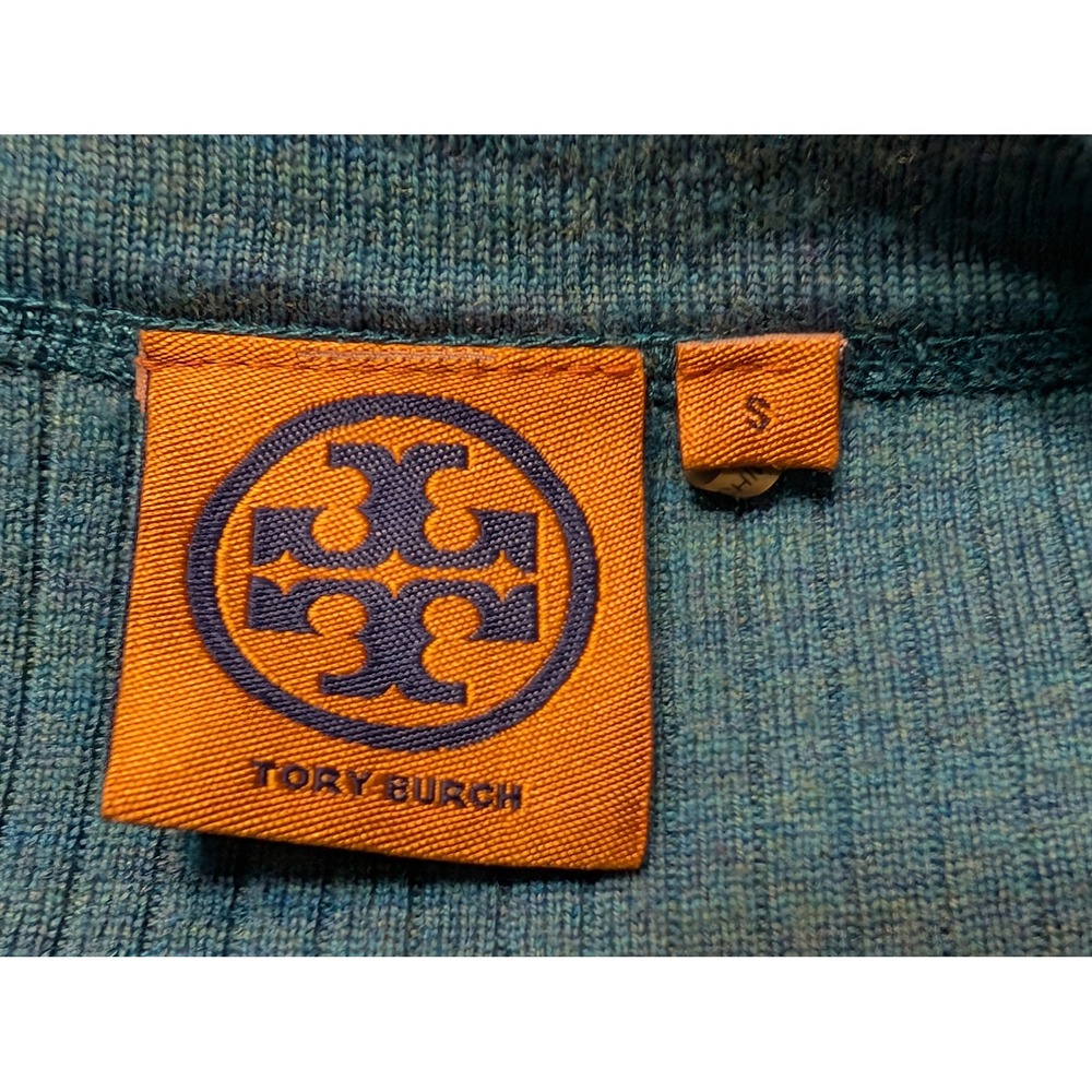 Tory Burch Cardigan Sweater Womens Small Ribbed Knit Teal Gold Buttons READ - Picture 2 of 5